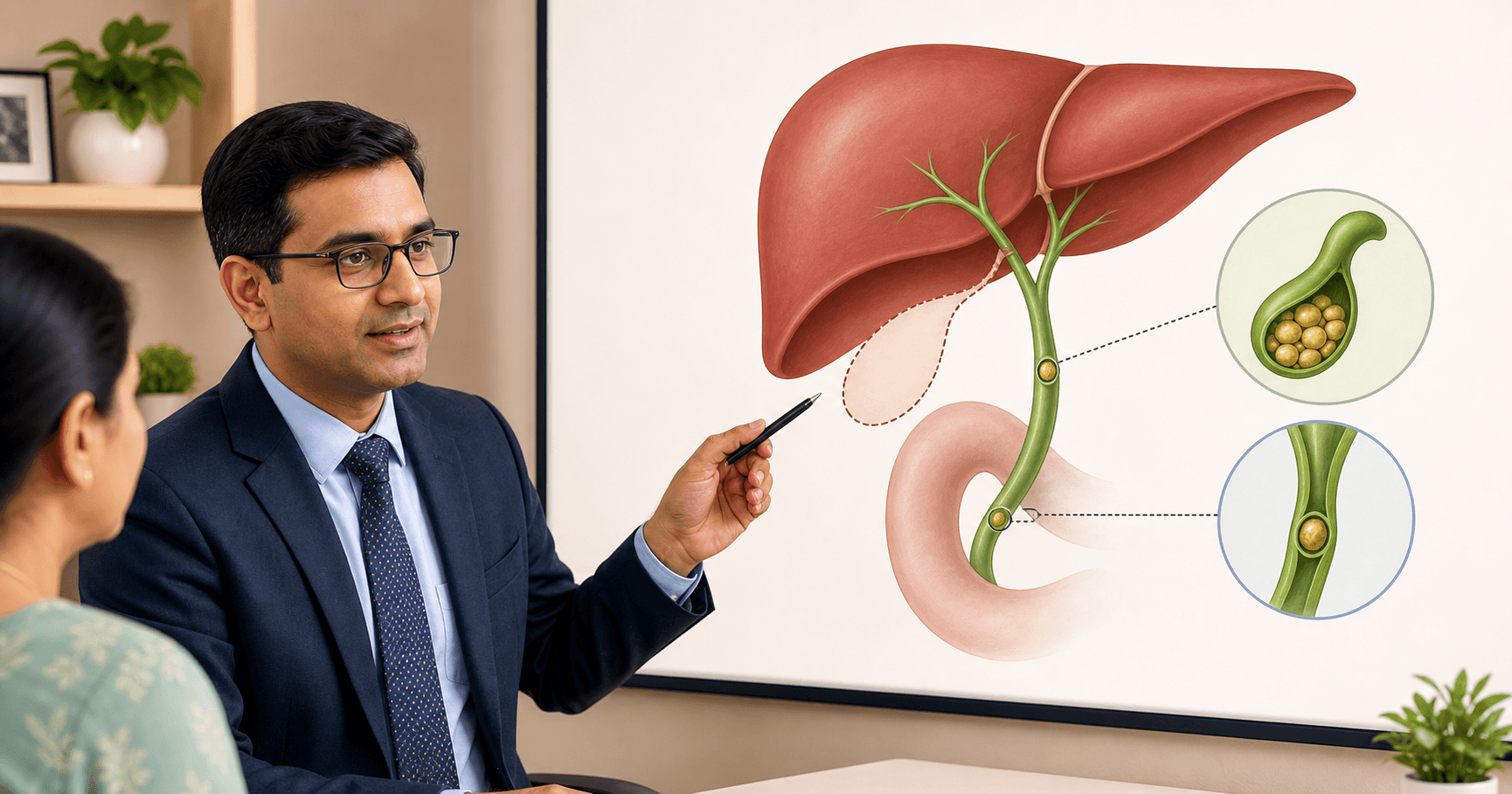 Doctor explaining bile ducts and the former gallbladder location after gallbladder removal
