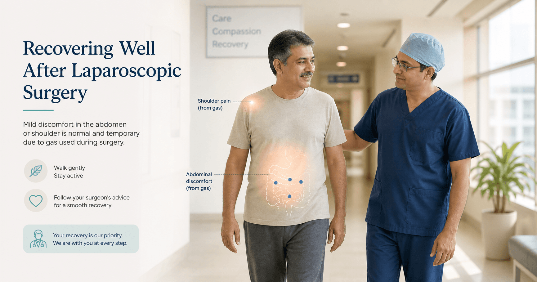 Patient walking after laparoscopic surgery while discussing gas pain and warning signs with a surgeon in Bhopal