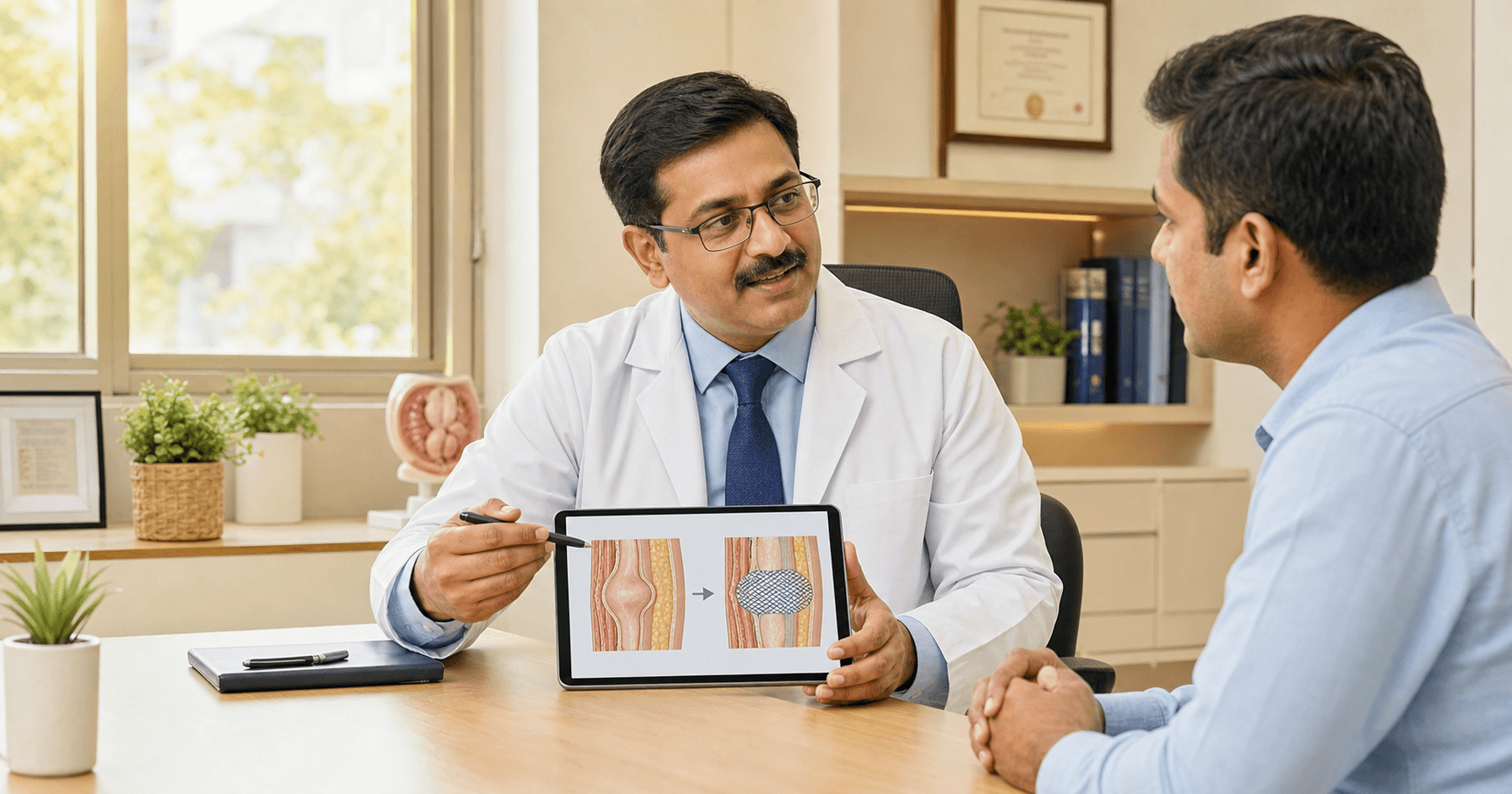Surgeon explaining hernia mesh repair options to a patient in Bhopal