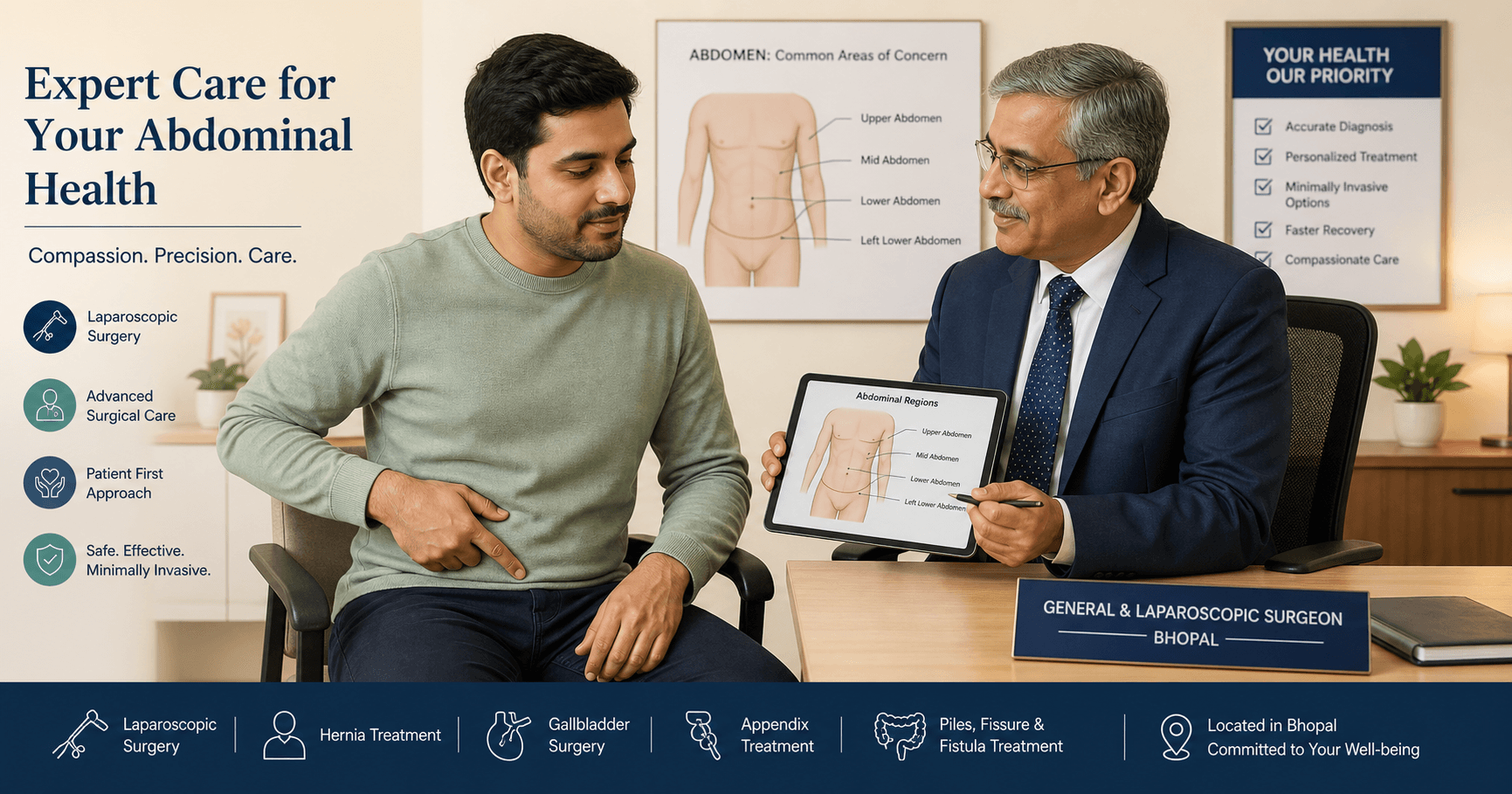 Patient discussing lower left abdominal pain with a surgeon in Bhopal