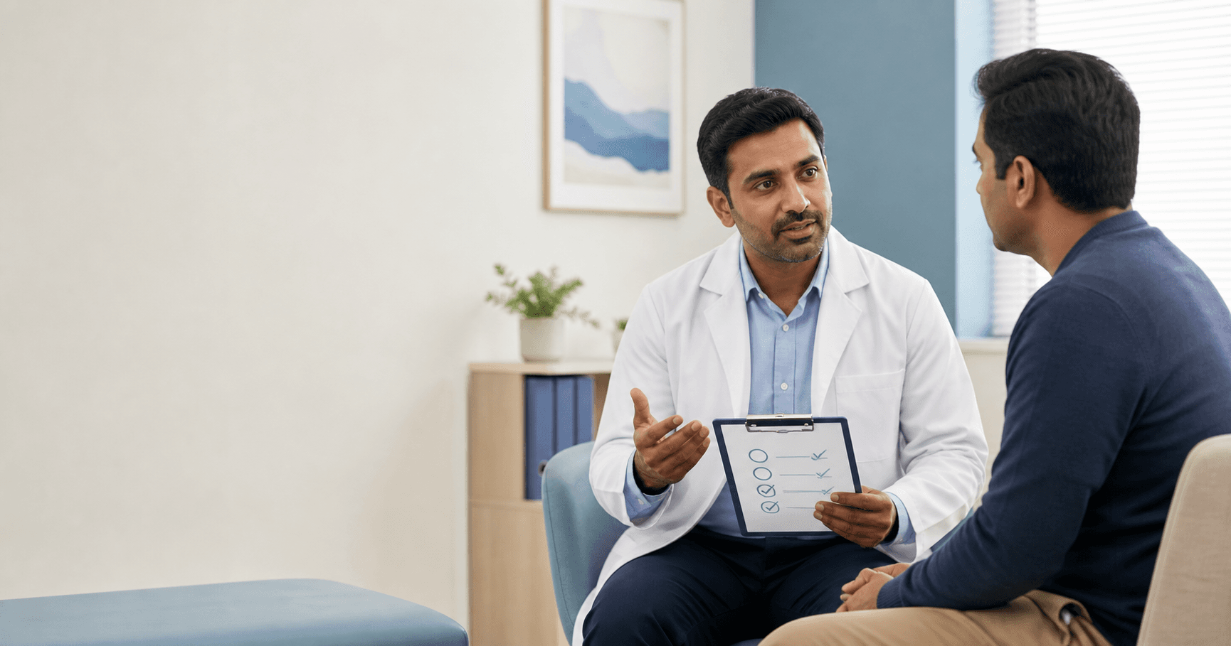 Patient discussing a discreet anal lump symptom checklist with a surgeon in Bhopal