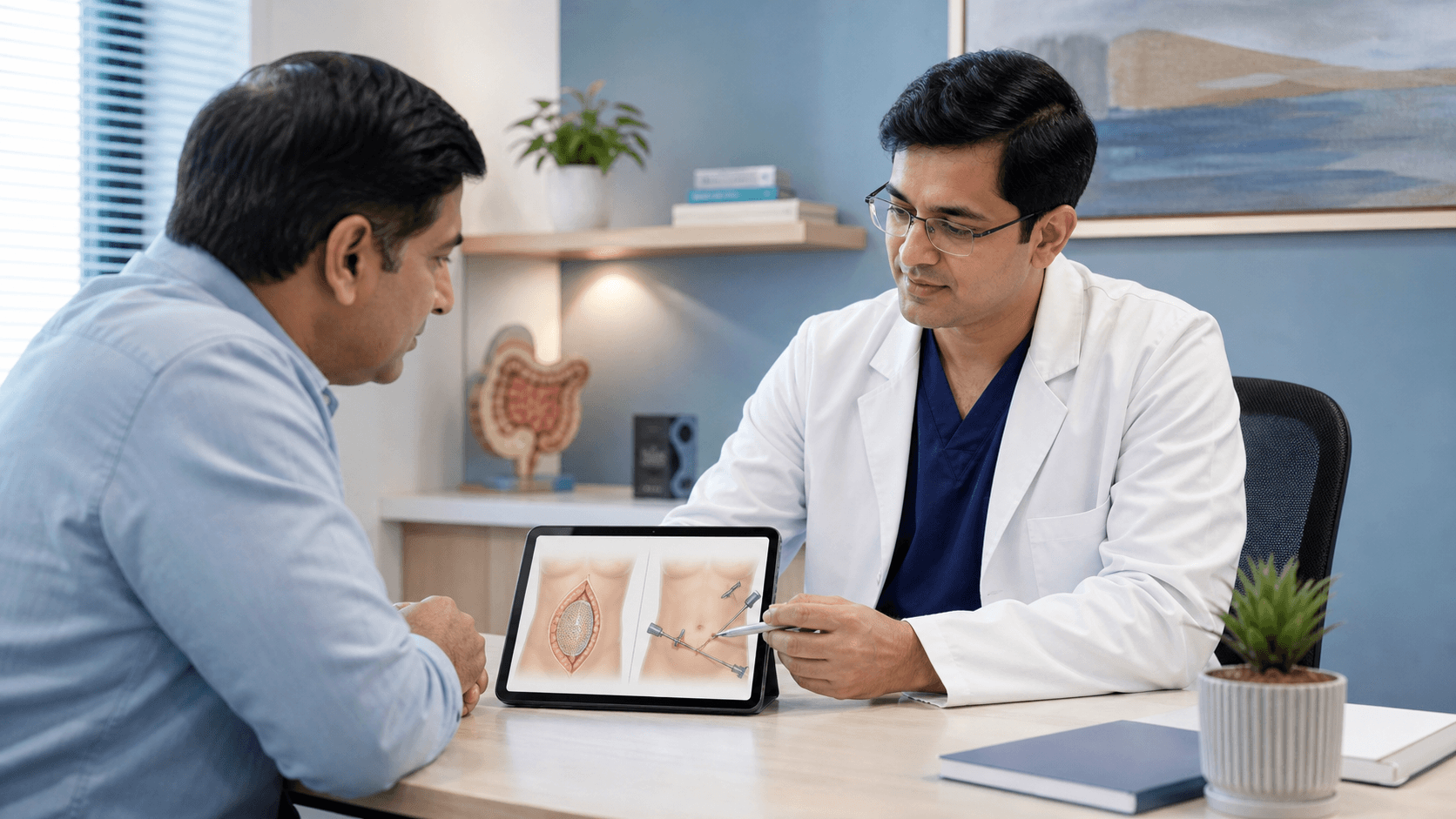Surgeon explaining open and laparoscopic hernia repair options to a patient in Bhopal