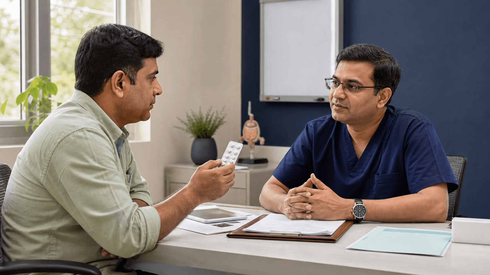 Patient showing a paracetamol tablet strip during a pre-surgery medicine review with a surgeon in Bhopal