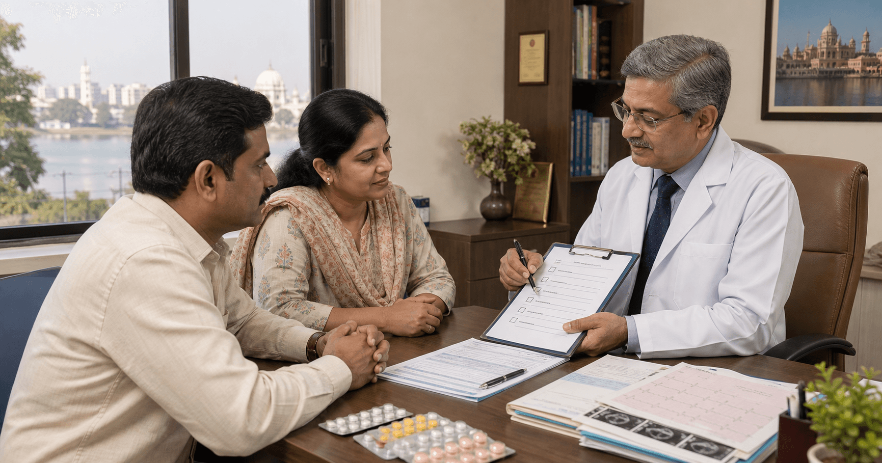 Patient and family member reviewing a pre-op appointment checklist with a surgeon before surgery in Bhopal