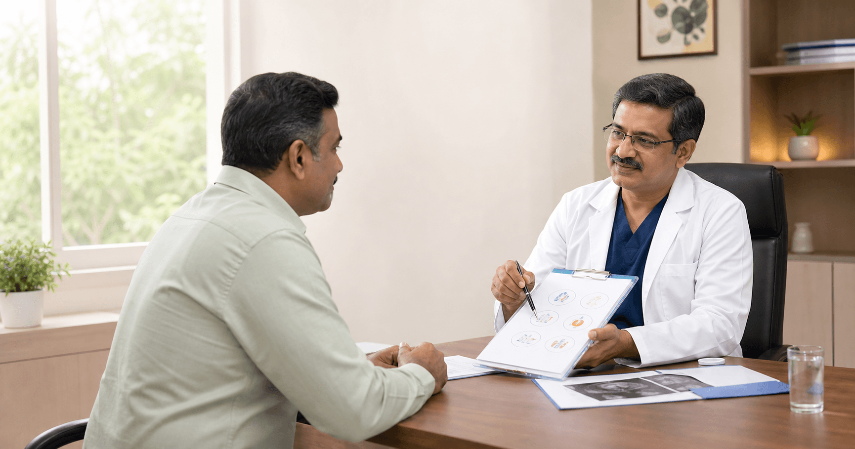 Patient reviewing questions to ask before laparoscopic surgery with a surgeon in Bhopal