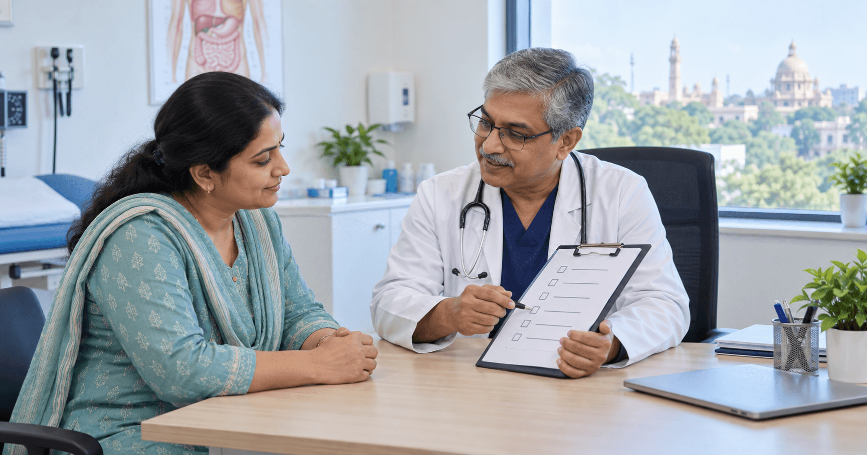 Patient using a question checklist during a hernia surgery consultation with a surgeon in Bhopal