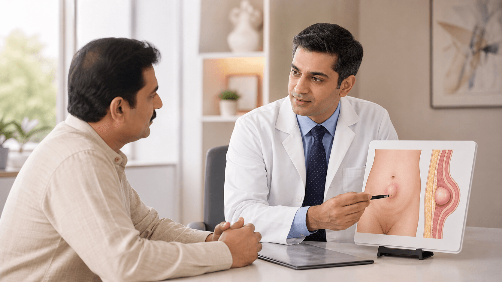 Surgeon explaining adult umbilical hernia symptoms and warning signs to a patient in Bhopal