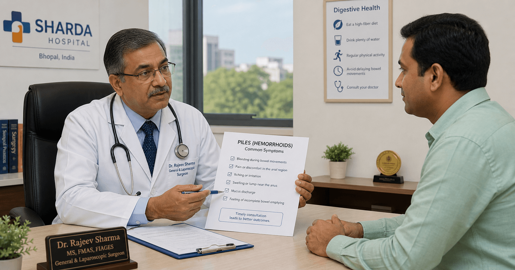 Patient discussing piles symptoms and consultation questions with a surgeon in Bhopal